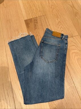 Denim Forum The Arlo High Rise Straight Jeans with Frayed Hem